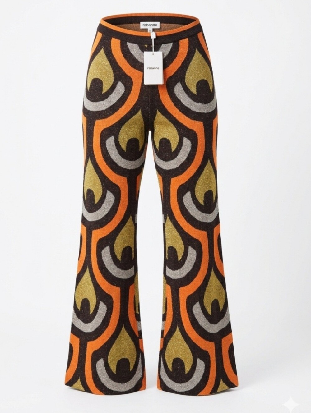 NWT Rabanne x H&M Glittery Jacquard Knit Retro Flare Pants Orange Silver Small